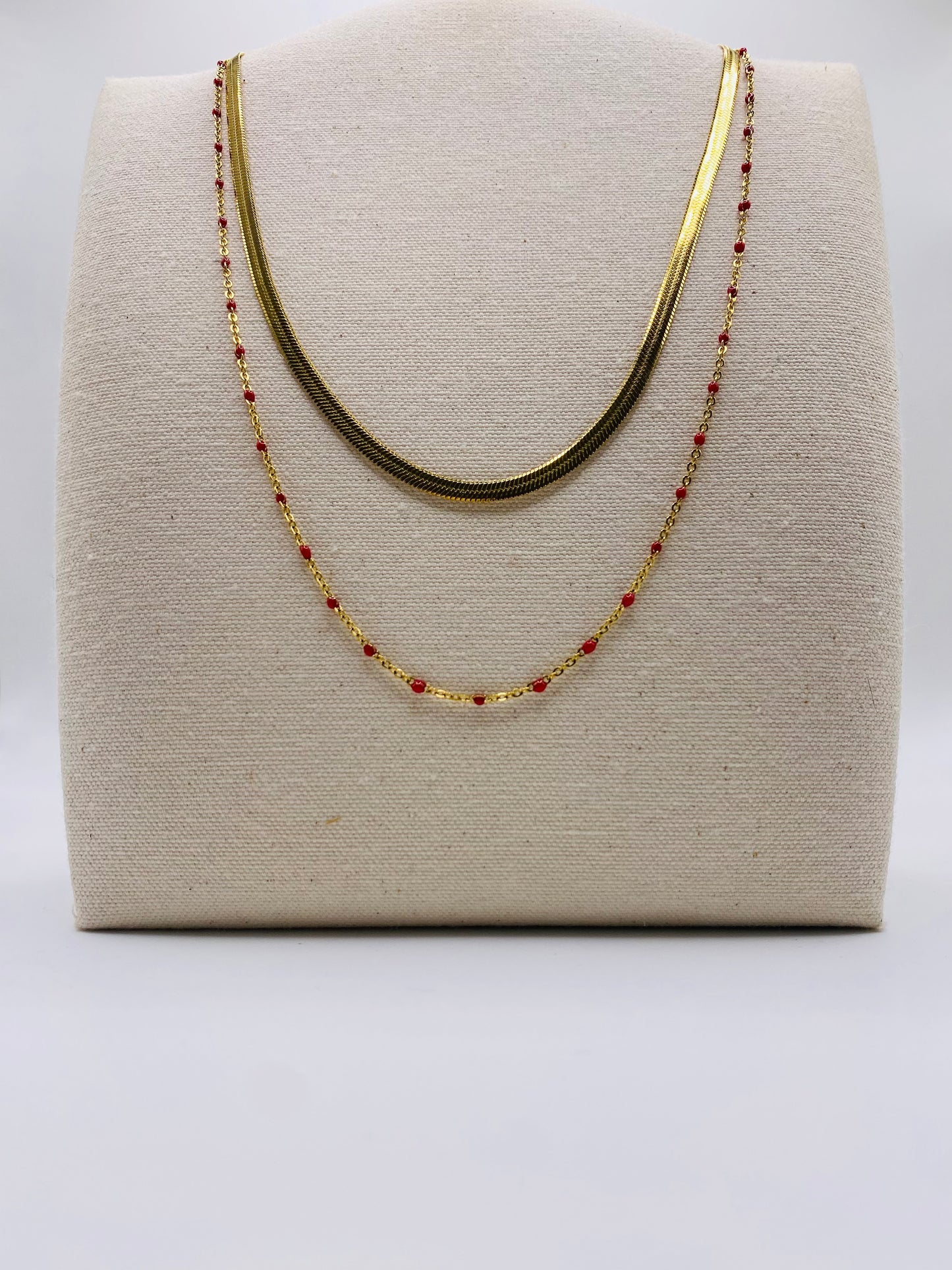 Collier acier jaune double rang chaine miroir et chaine avec boules rouges