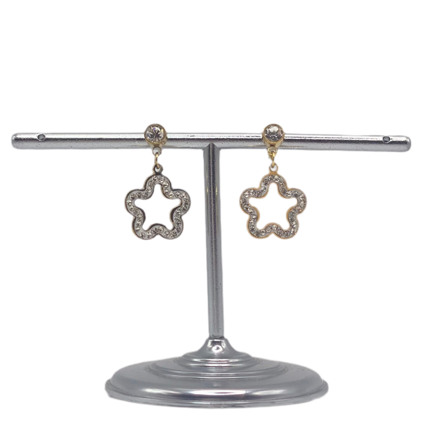 Boucles d'oreilles acier jaune pendante motif fleur avec strass