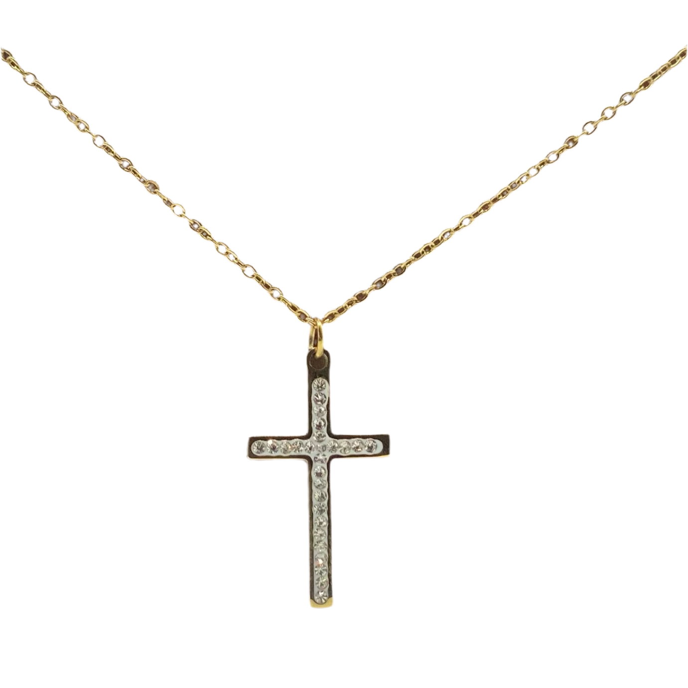 Collier acier JAUNE motif croix et strass