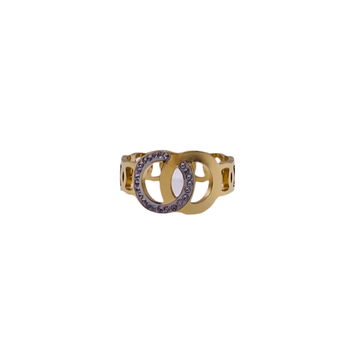 Bague acier double anneaux avec strass