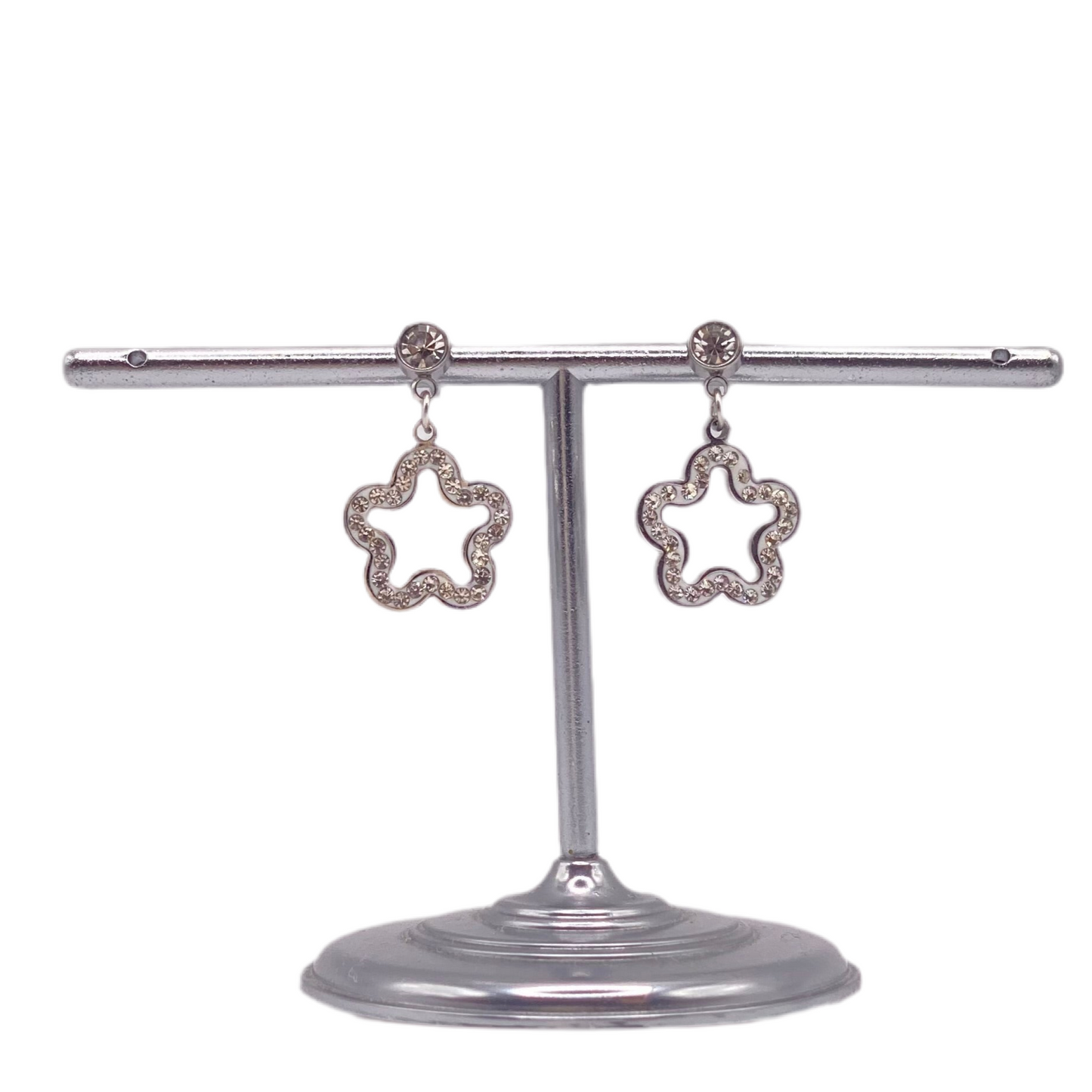 Boucles d'oreilles acier pendante motif fleur avec strass