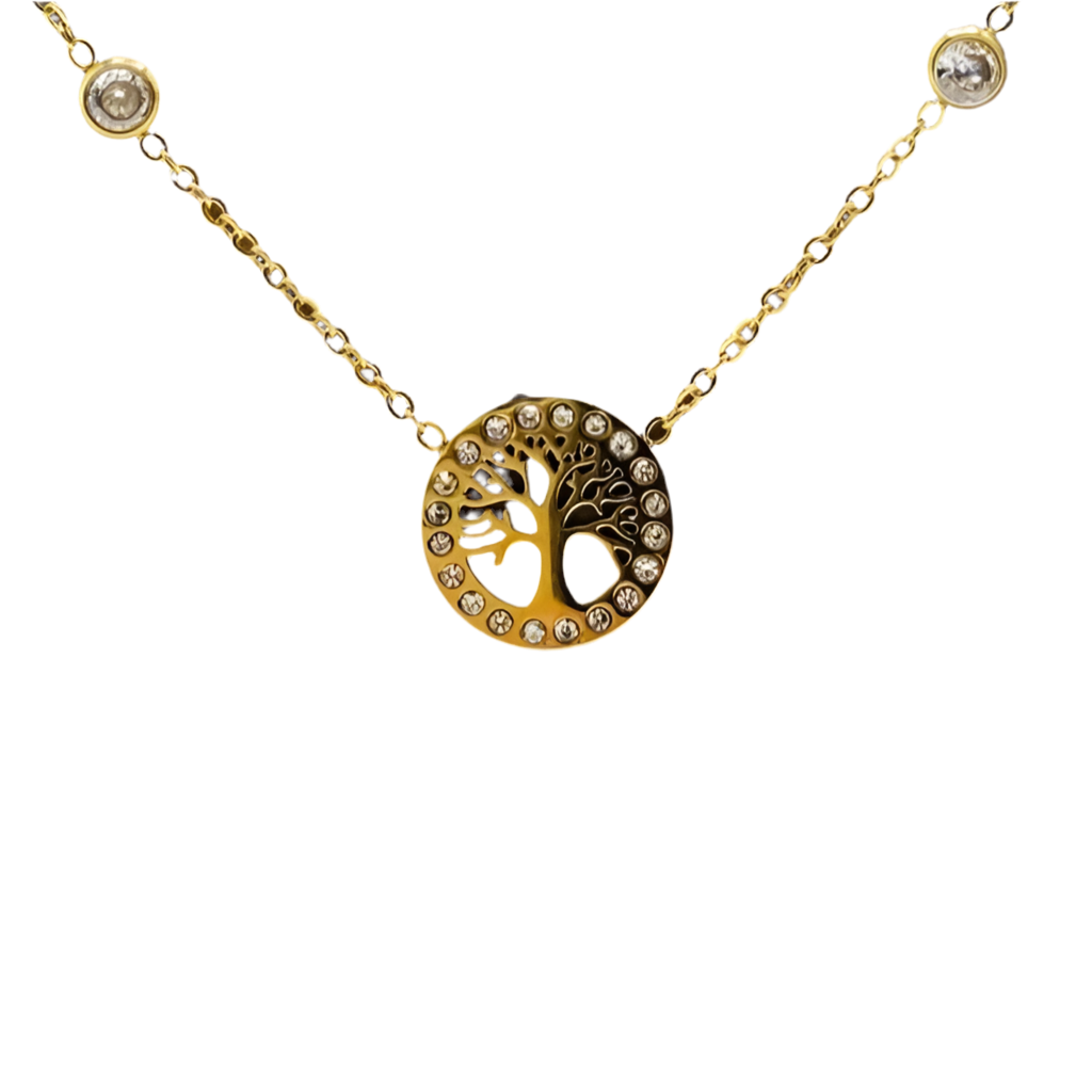 Coller acier jaune motif arbre de vie et signe infini pierres serties clos