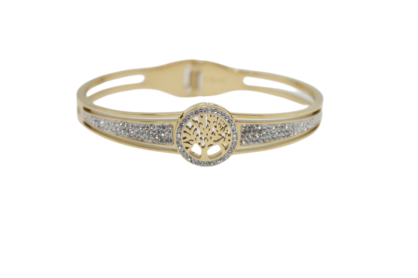 Bracelet jonc acier jaune motif arbre de vie empierré