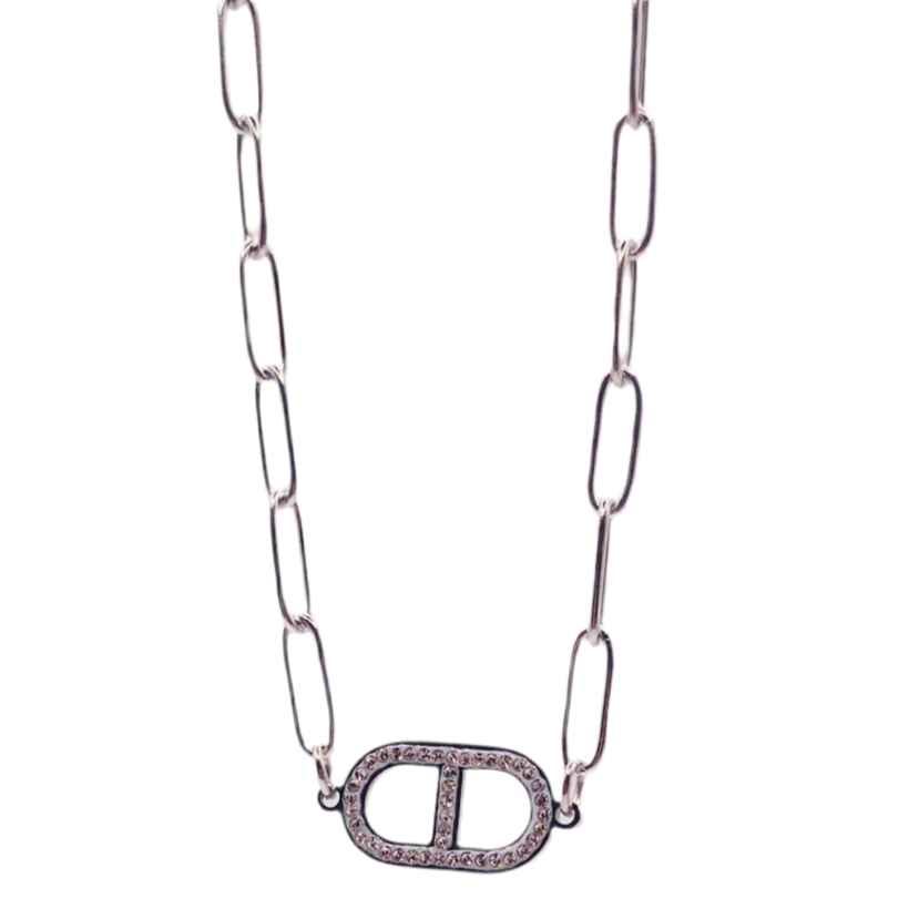 Collier acier motif central maille marine et strass
