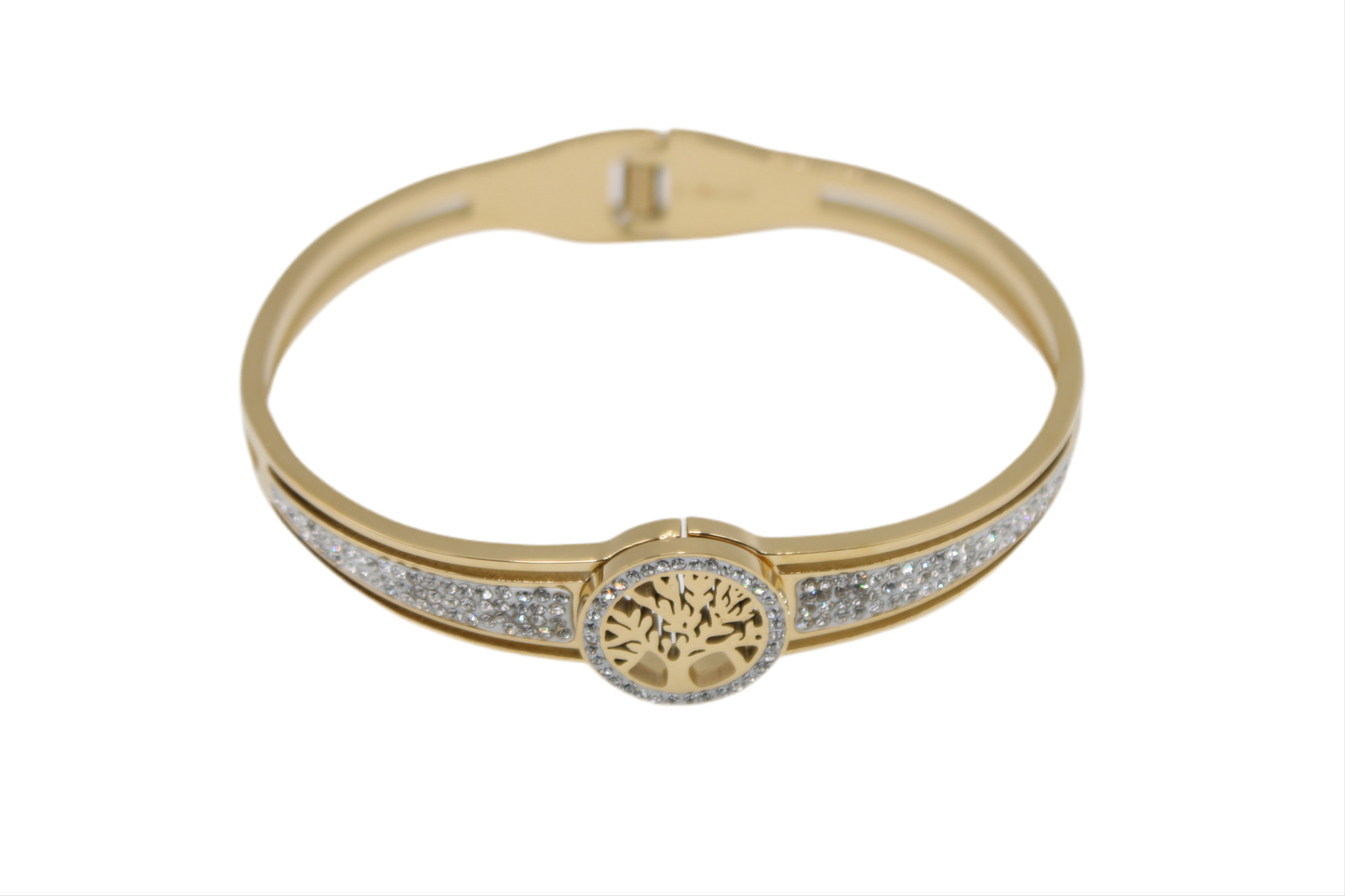 Bracelet jonc acier jaune motif arbre de vie empierré