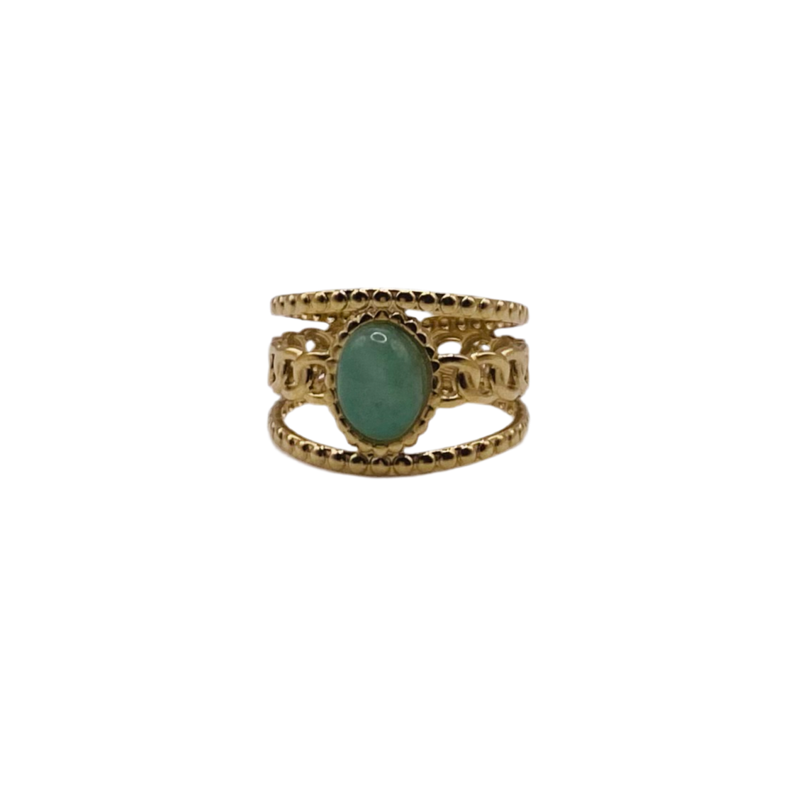 Bague acier jaune multi rangspierre ovale malachite