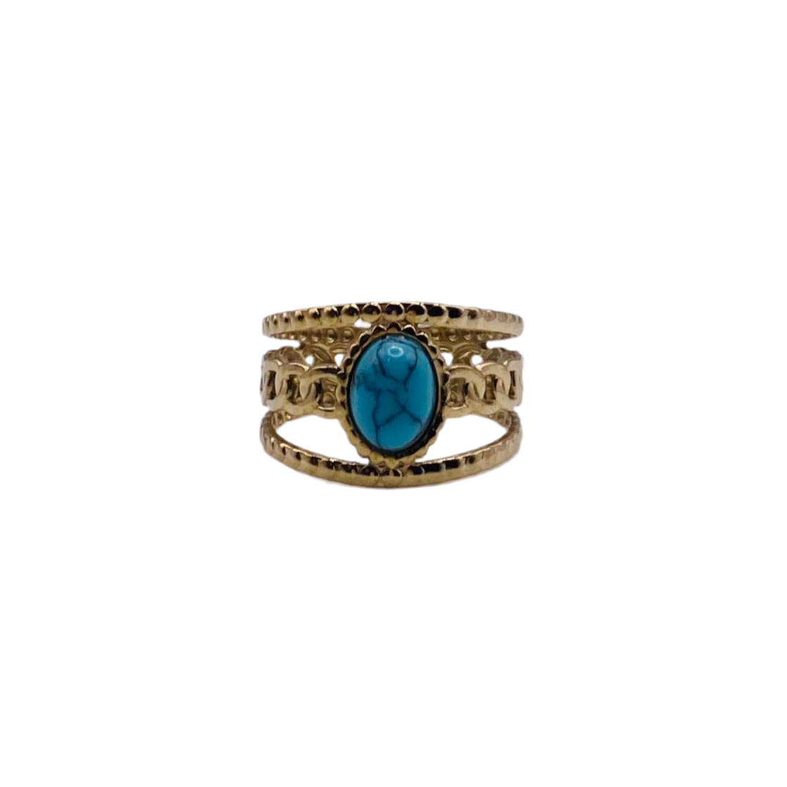 Bague acier jaune multi rangs avec pierre couleur turquoise
