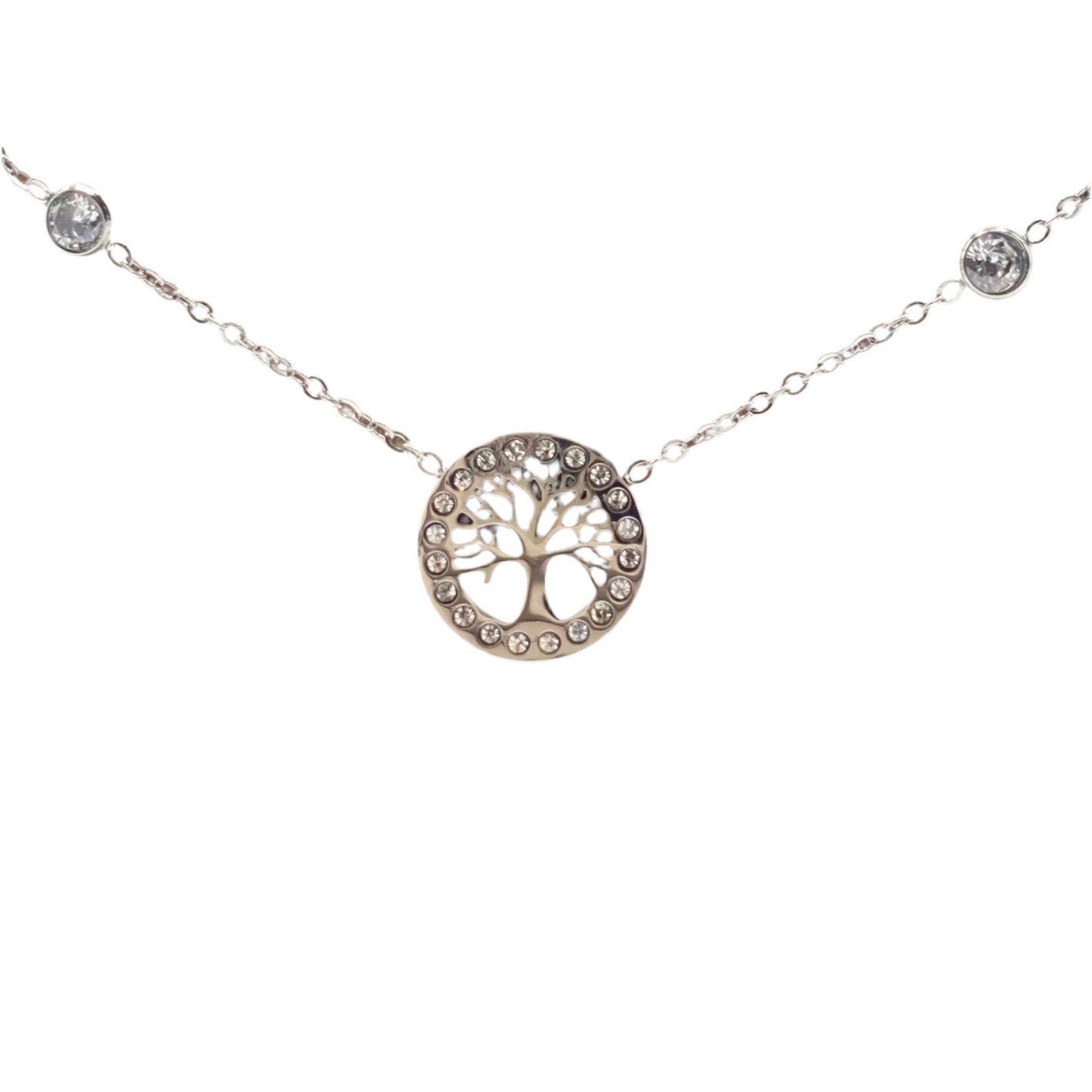 Collier acier motif arbre de vie et signe infini pierres serties clos
