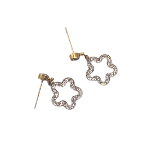 Boucles d'oreilles acier jaune pendante motif fleur avec strass