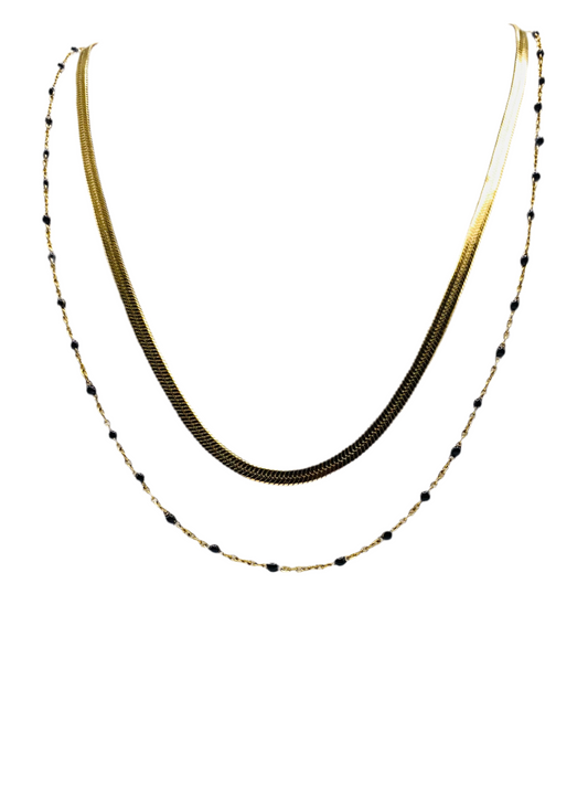 Collier acier jaune double rang chaine miroir et chaine avec boules noires