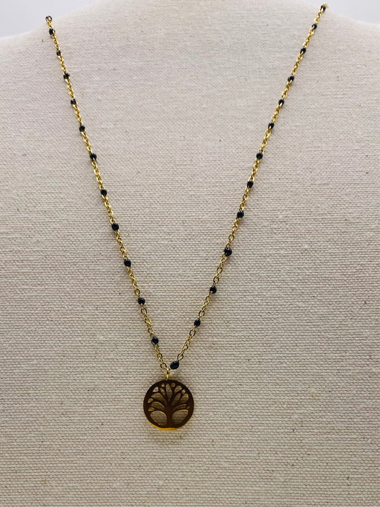 Collier acier jaune motif arbre de vie chaine "gigi" noire