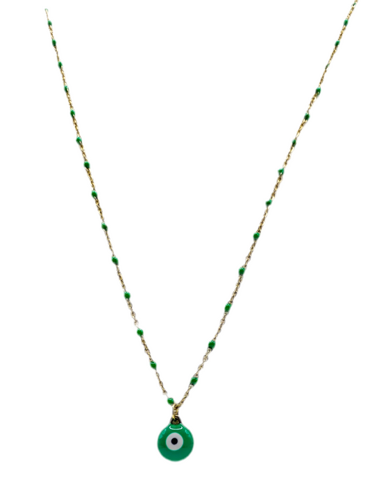 Bracelet acier jaune motif œil turquoise avec chaine boules couleurs turquoises