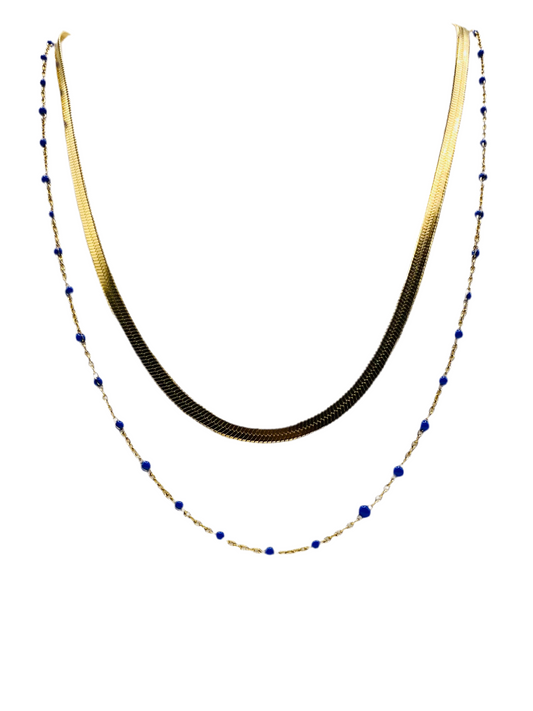 Collier acier jaune double rang chaine miroir et chaine avec boules bleues