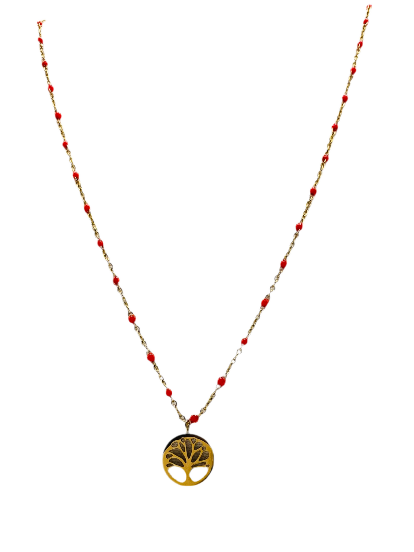 Collier acier jaune motif œil rouge chaine avec boules rouges