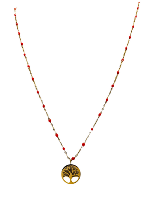 Collier acier jaune motif œil rouge chaine avec boules rouges