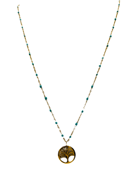 Collier acier jaune avec boules turquoise pendentif arbre de vie