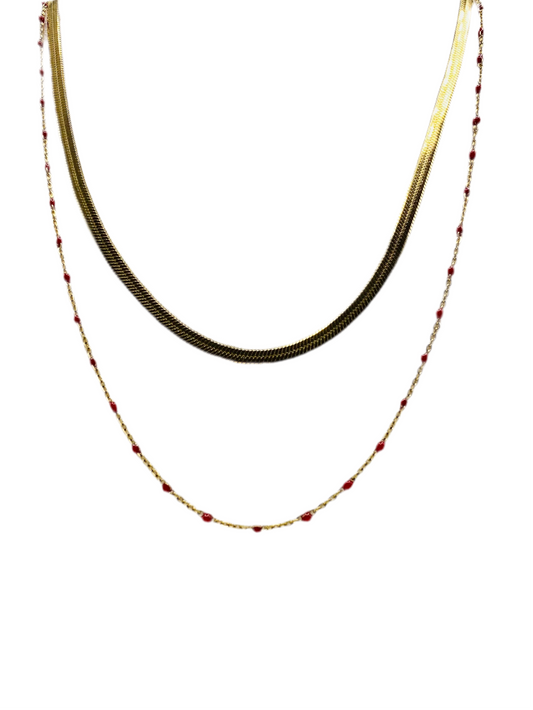 Collier acier jaune double rang chaine miroir et chaine avec boules rouges